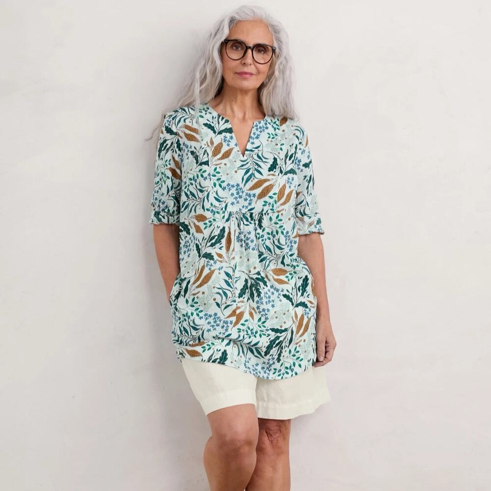 Seasalt Cornwall Op Art Tunic Top Riverbed Floral Chalk Casual Blouse Size 6
